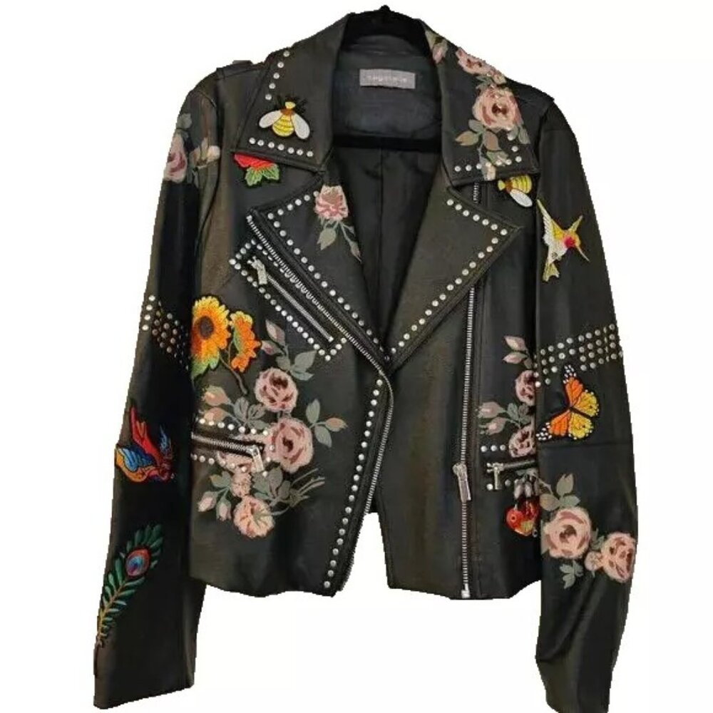 BAGATELLE Faux Leather Floral Studded Moto Jacket size M